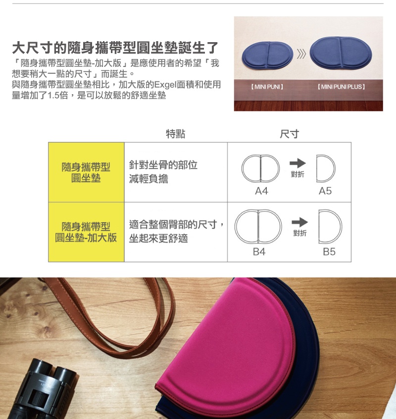 兩個可折疊的圓形坐墊，一個為鮮豔的桃紅色，另一個為深藍色，均為柔軟的織物材質。