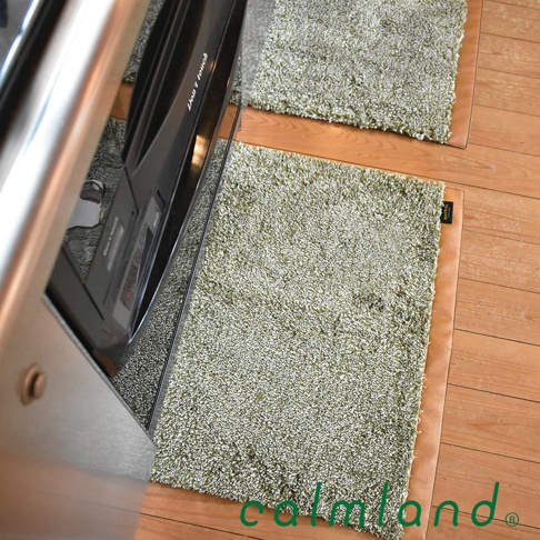 Ward Robe 天然防滑玄關地墊，淺綠色，絨毛材質，設有淺棕色邊緣，靠近一臺銀色電器。