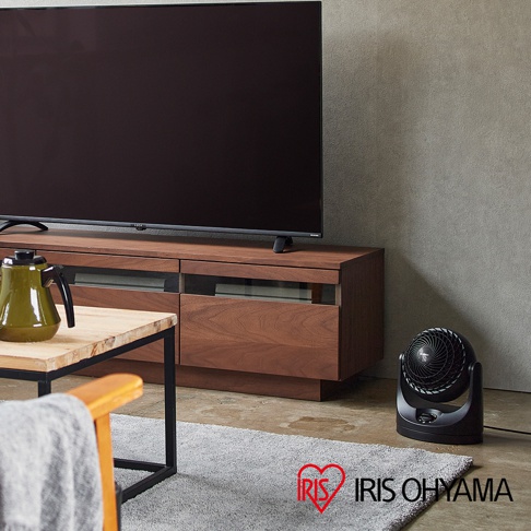 黑色小型空氣循環扇，圓形風扇網罩，可調節角度，置於木質電視櫃旁的灰色地毯上。