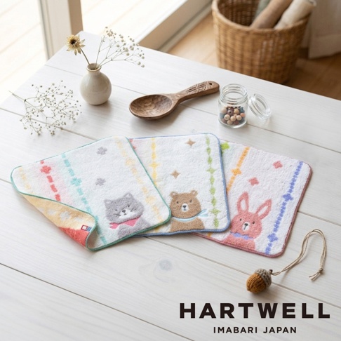 白色木紋桌面上擺放著三條 Hartwell 今治系列手帕，分別繡有可愛的灰色貓咪、棕色小熊與粉色兔子圖案。手帕周圍裝飾著乾燥花、木質湯匙、裝有木珠的玻璃罐以及一個小巧的編織橡果吊飾，整體營造出清新溫馨的日系居家氛圍，下方標註品牌名稱 Hartwell Imabari Japan。