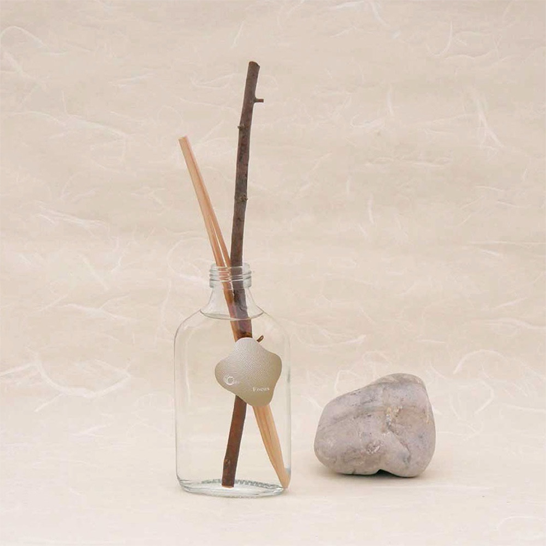 兩個細長的擴香竹直立插在裝有透明液體的玻璃瓶中，瓶身旁有一塊光滑的鵝卵石。