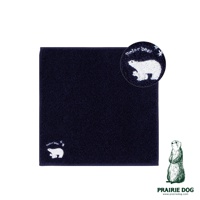 深藍色今治精梳棉方巾，繡有白色北極熊母子圖案及「polar bear」字樣，角落另有一放大刺繡特寫。