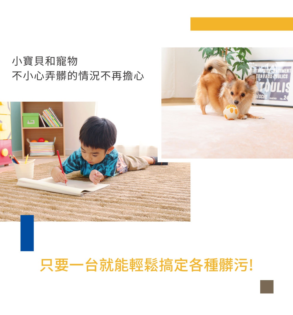 一個小男孩在地毯上畫畫，一隻吉娃娃犬在地毯上玩球。