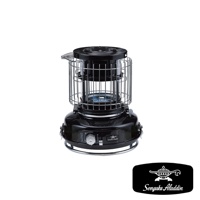 黑色卡式瓦斯暖爐，設有玻璃觀賞窗，頂部有提把，底部有銀色支架。機身設有旋鈕和品牌標誌。