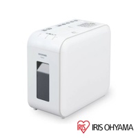 白色IRIS OHYAMA P6HCS 超靜音極細保密碎紙機，配有黑色集紙槽，頂部有操作按鈕和指示燈。