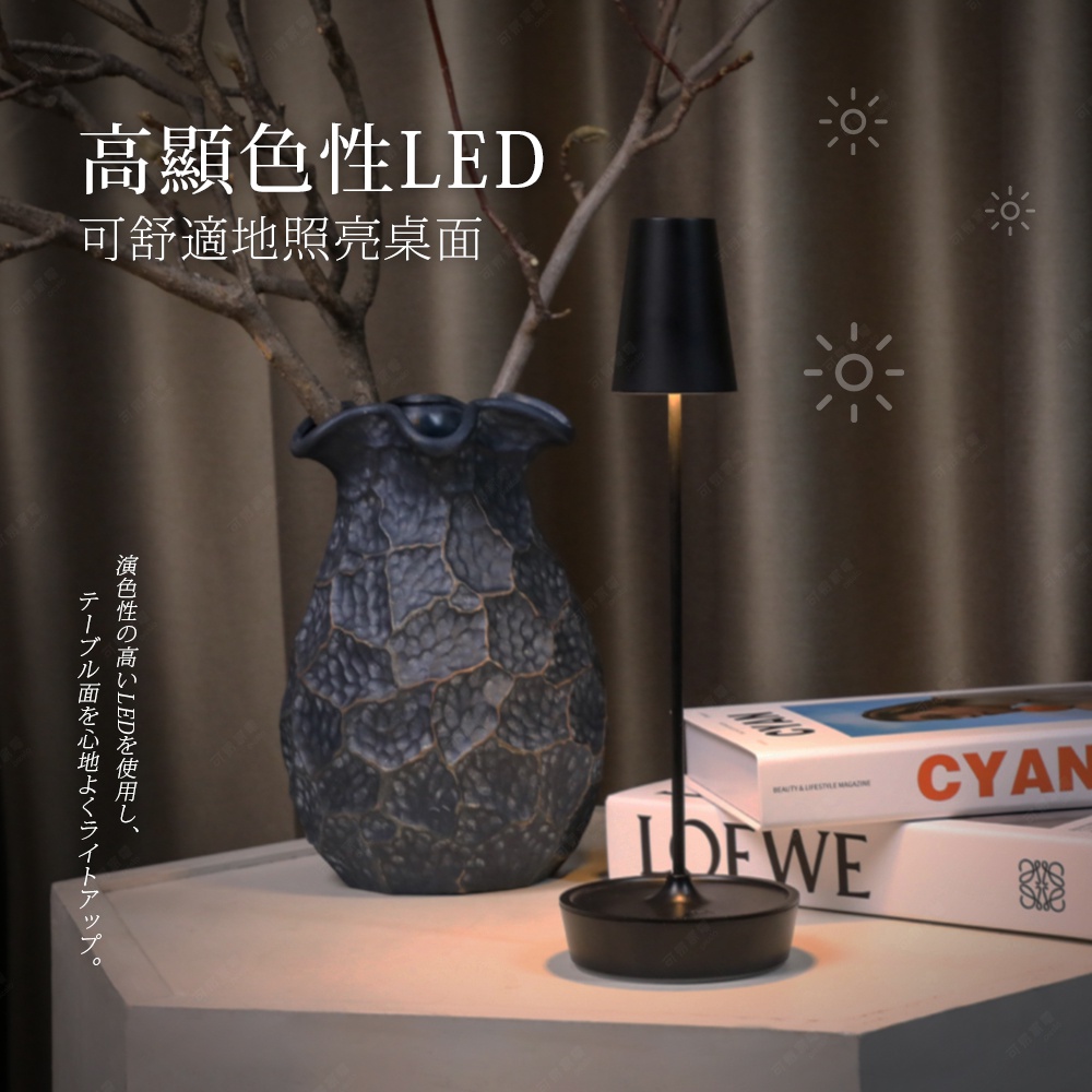 金屬復古氛圍LED檯燈，黑色圓形底座，細長燈柱，錐形燈罩，營造溫暖照明。