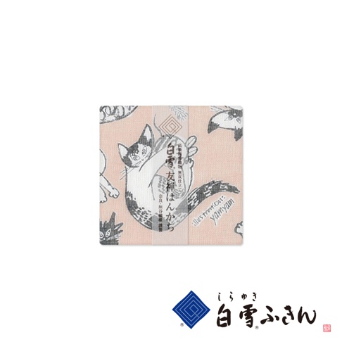 友禪染畫布風方巾，淺粉色底布印有黑白簡筆畫風格的貓咪圖案，以及日文文字。