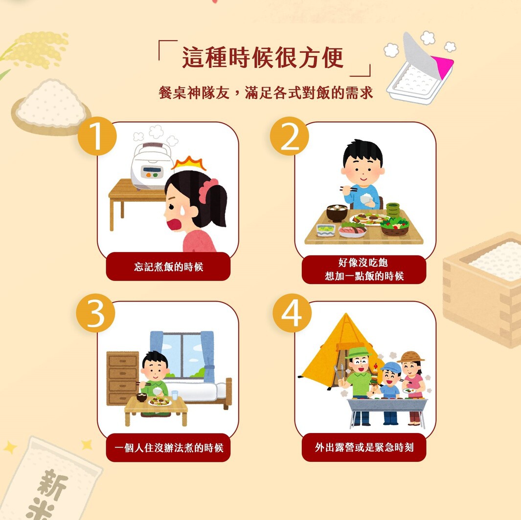 四格插畫展示了秋田小町米即食白飯的便利性：忘記煮飯、吃不飽想加飯、一人獨居無法煮飯、以及戶外露營或緊急時刻。