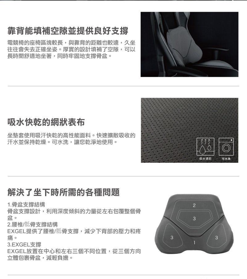 灰色網狀透氣材質電競椅背墊，帶有腰部支撐設計，可拆卸且可水洗。
