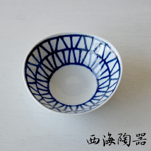 藍玉紋陶瓷小碟，碗內緣飾有放射狀的深藍色線條紋路，碗身為白色。