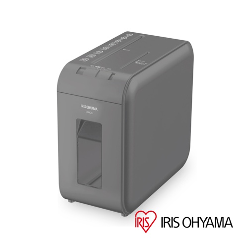 IRIS OHYAMA C6HCS 碎紙機，灰色機身，頂部有進紙槽和操作指示圖示，側面有透明視窗可觀察碎紙量。