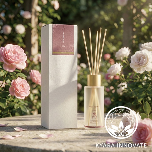 KYARA INNOVATE Rose Garden 室內擴香竹，擺放在佈滿粉色玫瑰的庭院中，搭配印有 rose garden 字樣的紙盒。