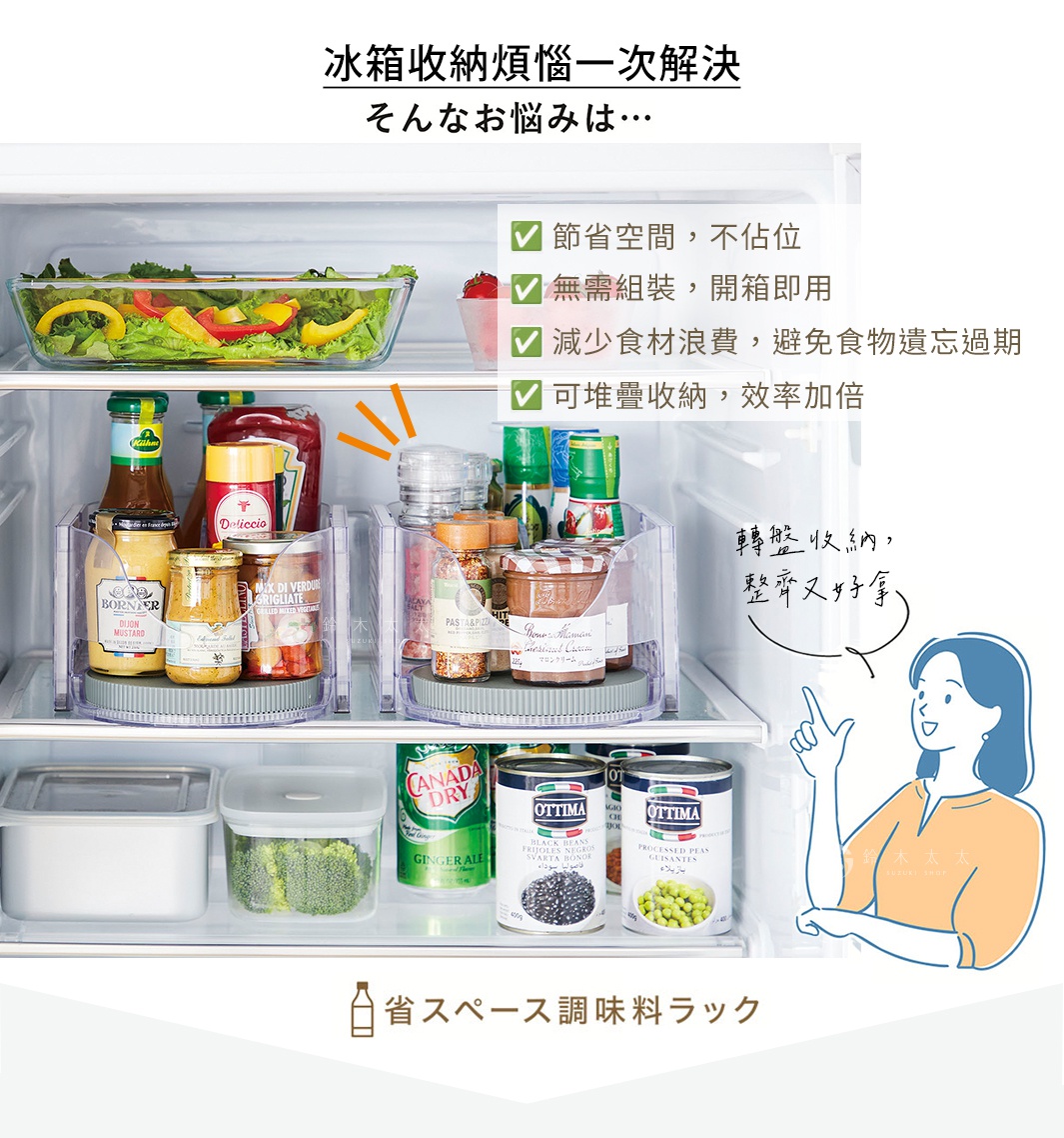 冰箱收納煩惱一次解決
節省空間，不佔位
無需組裝，開箱即用
減少食材浪費，避免食物遺忘過期
可堆疊收納，效率加倍
轉盤收納，整齊又好拿
