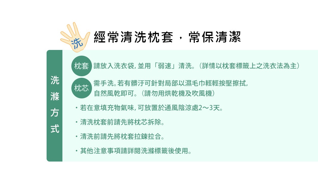 圖示為「王樣の頸椎安定枕」的清潔方法，包含枕套及枕芯的洗滌說明，以綠色與淺綠色調呈現。
