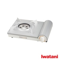 銀色節能高效瓦斯爐Eco Premium II，爐面為金屬材質，帶有白色旋鈕開關，標示ON/OFF。