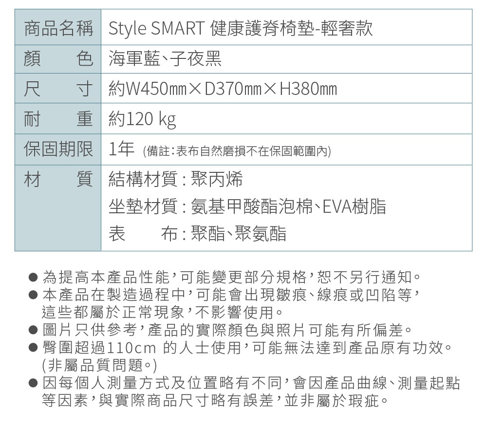 商品規格表，包含商品名稱、顏色、尺寸、耐重、保固期限、材質細節，以及注意事項說明。