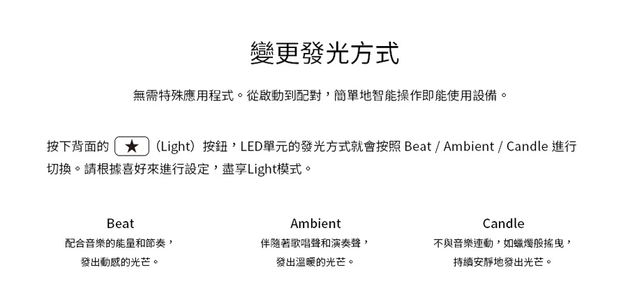The Speaker 無線揚聲器，介紹其三種發光模式：Beat、Ambient 和 Candle。