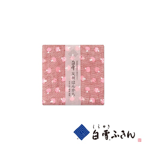 粉色友禪染畫布風方巾，帶有白色小蘑菇圖案，材質為棉麻混紡。