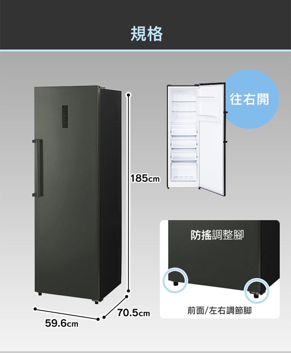一張直立式冷凍櫃的規格說明圖。圖片左側展示了一台深灰色直立式冷凍櫃，標示高度為185公分、寬度為59.6公分、深度為70.5公分；右上角小圖顯示開門方向為往右開；右下角小圖則特別呈現底部配備防搖調整腳，並標註前面左右可調節腳座。