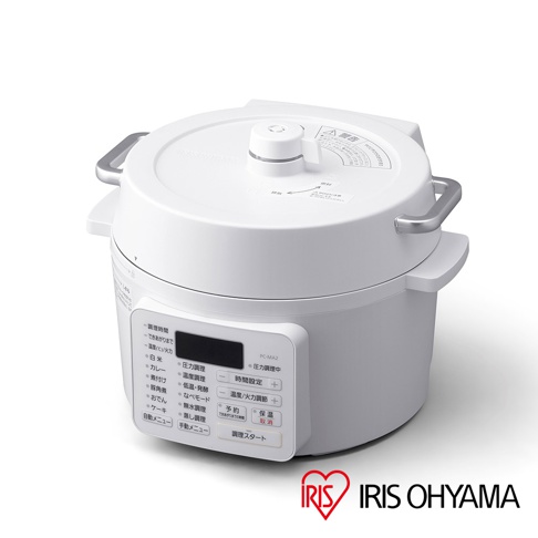 白色電子壓力鍋，2.2L容量，配有銀色提把和日文操作面板，面板上顯示多種烹調模式選項，產品品牌為IRIS OHYAMA。
