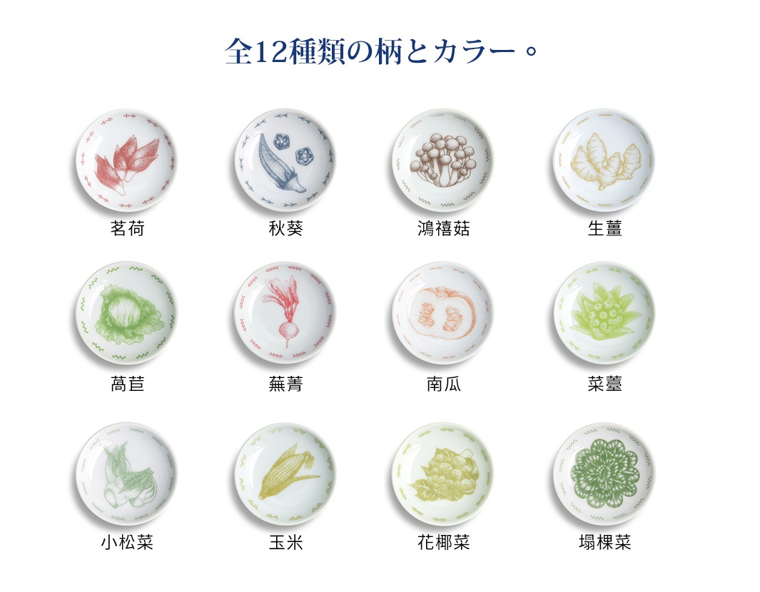 萵苣 小松菜 菜薹 蕪菁 茗荷 鴻禧菇 花椰菜 生薑 秋葵 塌棵菜 玉米 南瓜 全12種類の柄とカラー。