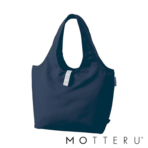 深藍色輕時尚摺疊保冷可拆托特袋，材質柔軟，帶有可拆卸的白色「TOM」標誌，整體簡潔大方。