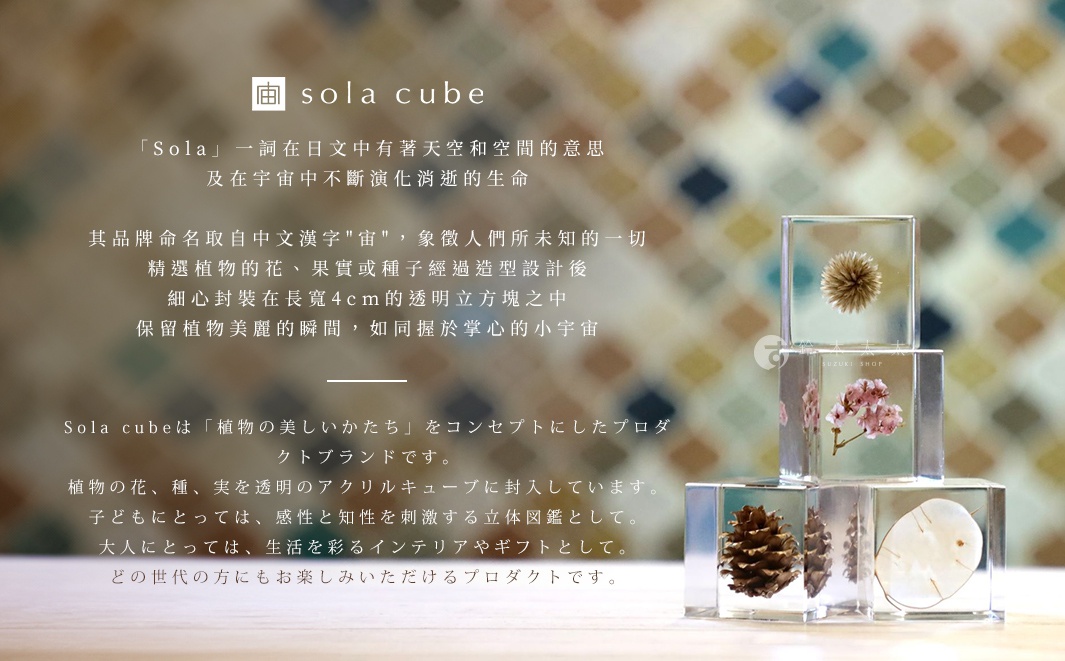 Sola cube
Sola一詞在日文中有著天空和空間的意思及在宇宙中不斷演化消逝的生命
其品牌命名取自中文漢字