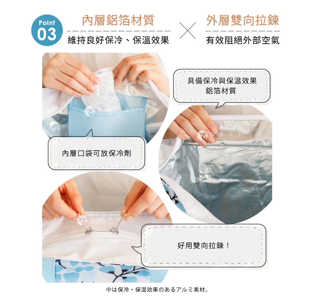 圖片文字：Point 03 內層鋁箔材質維持良好保冷、保溫效果 X 外層雙向拉鍊有效阻絕外部空氣，內層口袋可放保冷劑，具備保冷與保溫效果鋁箔材質，好用雙向拉鍊，中は保冷・保温効果のあるアルミ素材。