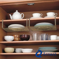 金屬雙層碗盤收納掛架，架子為金色，上面可放置疊放的盤子，下方可懸掛收納。