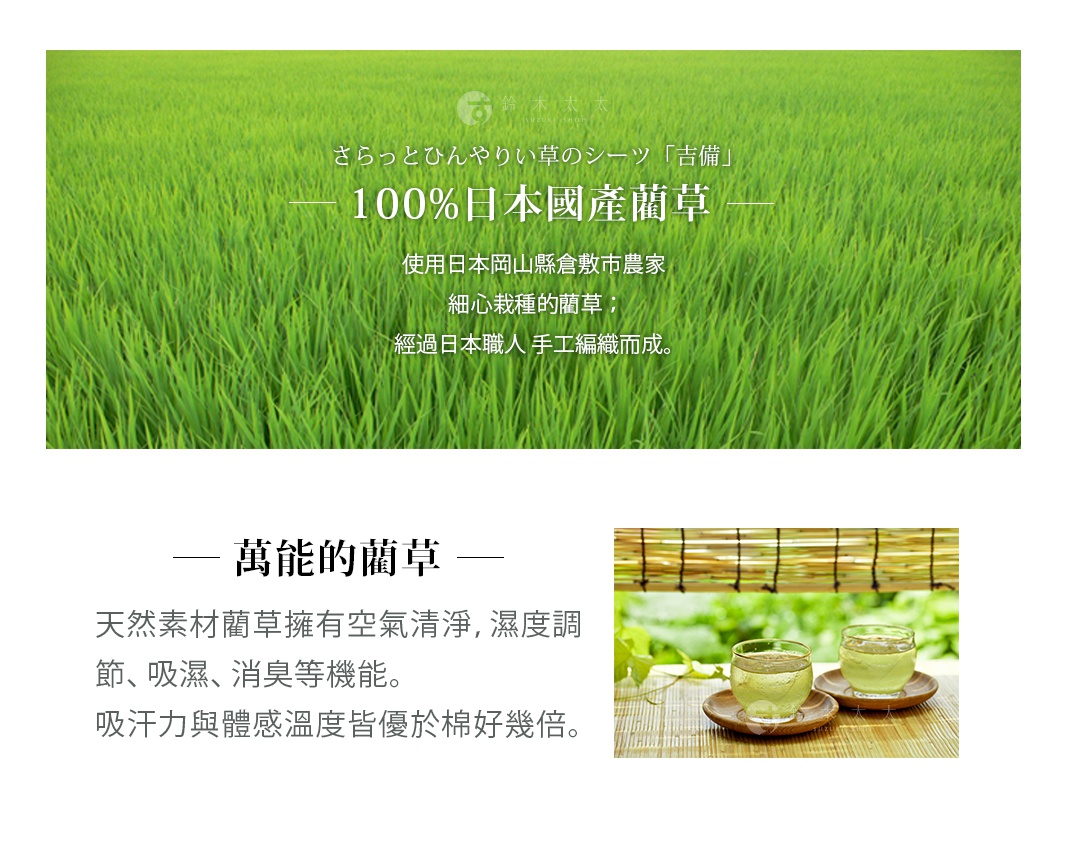 天然藺草編織地墊，呈現漸層綠色調，材質為藺草。下方小圖展示兩杯綠茶放在藺草編織墊上。