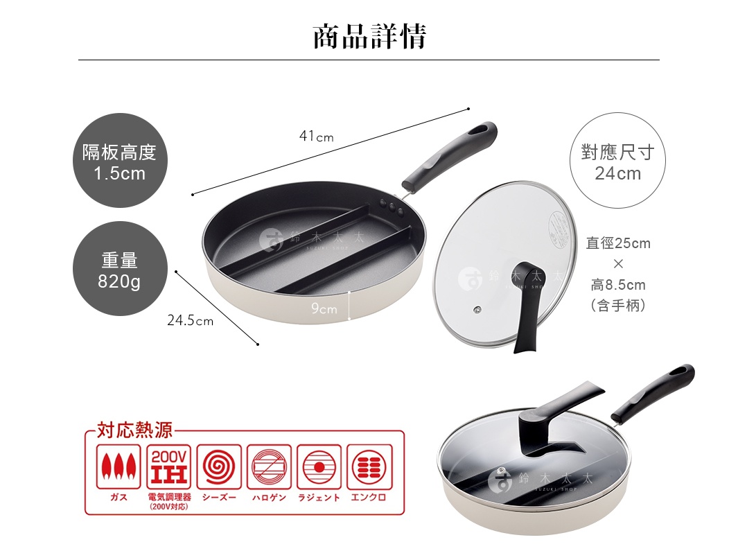 圖片文字：商品詳情。隔板高度1.5公分，重量820公克。平底鍋全長41公分，寬24.5公分，深度9公分。對應尺寸24公分。玻璃鍋蓋直徑25公分，高度8.5公分含手柄。對應熱源包含瓦斯爐、200V電磁爐、鹵素爐、電熱爐、輻射爐及黑晶爐。圖片展示具備三格分隔設計的不沾平底鍋，以及附帶透明玻璃蓋的實體樣貌。