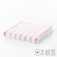 一條摺疊的今治毛巾，白色底布上有細緻的紅色橫條紋，材質輕柔，邊緣有紅色滾邊。