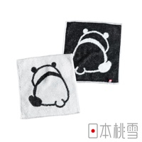 日本桃雪可愛熊貓圖案純棉手帕，一黑一白，以背面朝前的姿態呈現，下方有日文品牌標誌