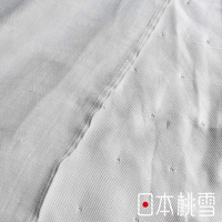 銀灰色二層紗單人毯，質地輕柔，織紋清晰，布料表面有細小點狀透氣孔，中間有縫線連接。