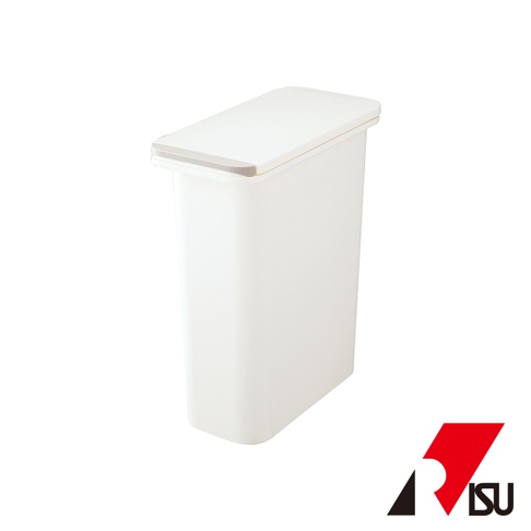 白色20公升按壓式垃圾桶，簡約設計，帶有銀灰色邊緣的白色頂蓋，材質為塑膠。