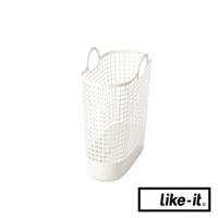 白色網格狀塑膠手提式洗衣籃，有兩個弧形提把，底部為白色實心設計，整體呈現長方形桶狀。