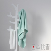 一條薄荷綠色的今治細絨浴巾和一條白色的毛巾，懸掛在白色的衣架上。