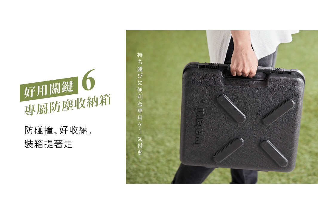 黑色硬質塑膠收納箱，表面有「iwatani」字樣及四個凸起的止滑條，箱體有提把及扣環，由一人手持。