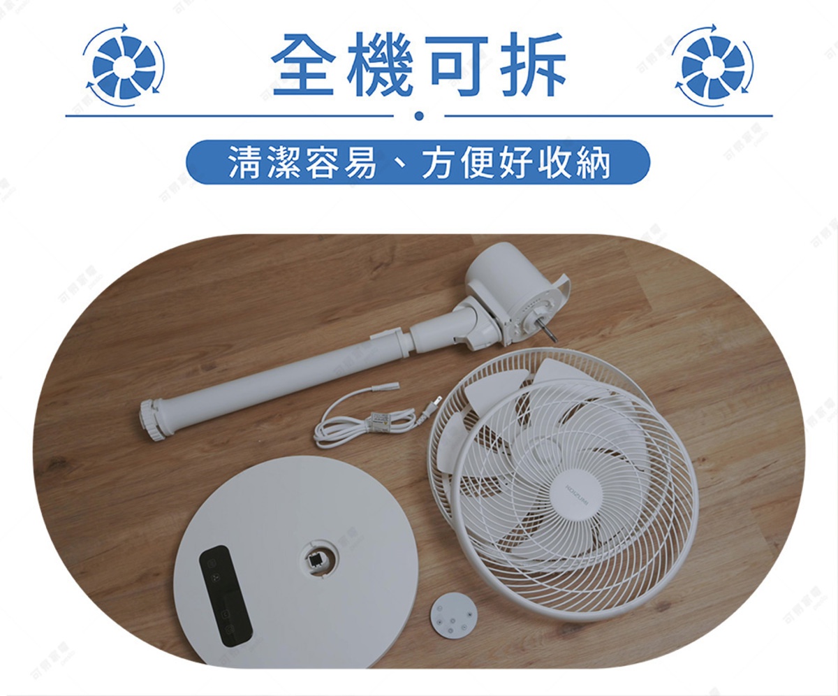 圖片上方標題為全機可拆，下方說明為清潔容易、方便好收納。主圖展示白色KOIZUMI電風扇拆卸後的各個零件，包含底座、支架、馬達組件、風扇網罩與扇葉，以及一個小巧的圓形遙控器，所有零件平放於木紋地板上。