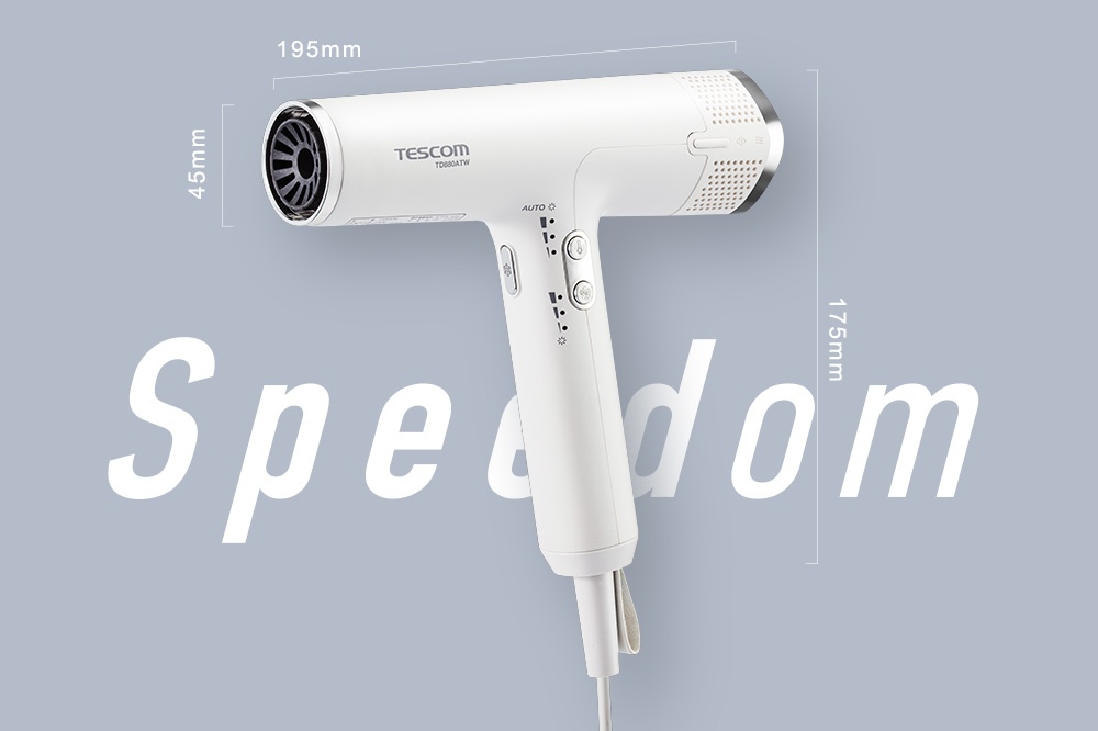 這是一台白色的TESCOM TD880A專業級負離子吹風機，側面有操作按鈕和指示燈，並標示有195mm、45mm和175mm的尺寸。