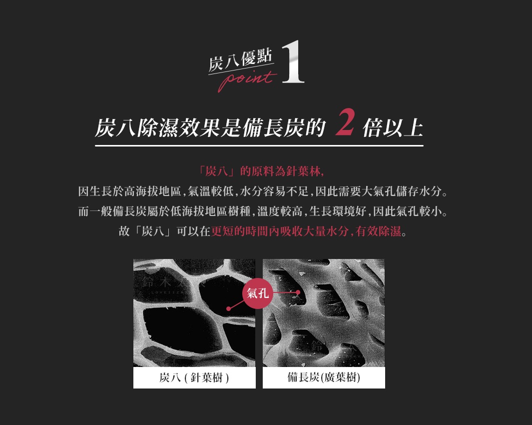 圖片文字：炭八優點 point 1 炭八除濕效果是備長炭的 2 倍以上 炭八的原料為針葉林，因生長於高海拔地區，氣溫較低，水分容易不足，因此需要大氣孔儲存水分。而一般備長炭屬於低海拔地區樹種，溫度較高，生長環境好，因此氣孔較小。故炭八可以在更短的時間內吸收大量水分，有效除濕。下方並列兩張氣孔顯微圖，分別標示炭八為針葉樹，備長炭為闊葉樹，比較兩者氣孔差異。