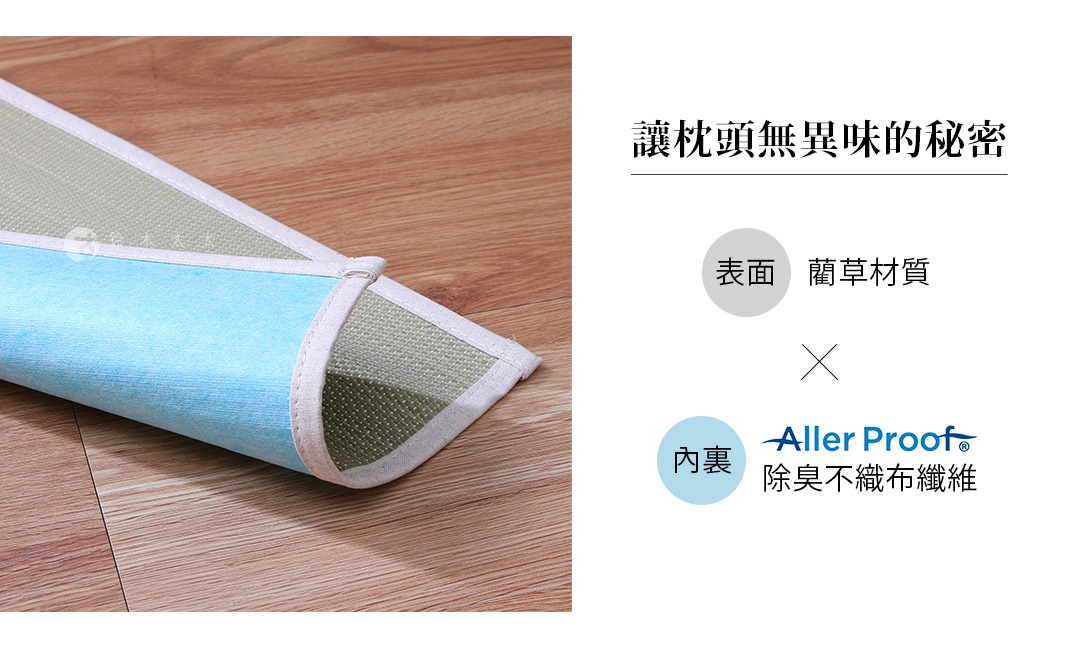 藺草材質枕墊，一角露出藍色內裡，邊緣包覆白色滾邊，整體置於木紋地板上。