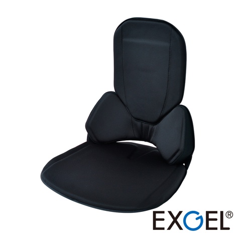 黑色汽車用輕薄背靠坐墊，採用分段式設計，提供腰部和背部支撐，外層為織物材質。