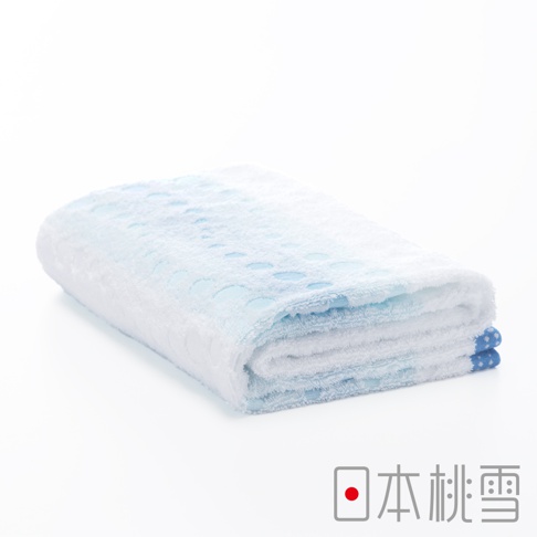 今治水泡泡浴巾，淺藍色漸層，織有圓形紋樣，材質柔軟，質感細緻。