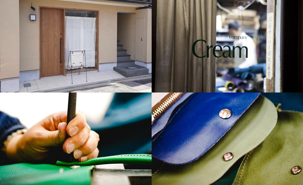 京都職人手作零錢包，展示了製作過程中的皮革細節，以及成品的多種顏色，包括亮藍色和橄欖綠。