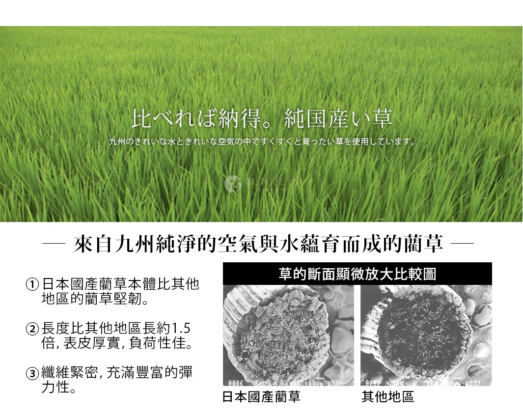 AskDoctors 藺草透氣親膚單人涼蓆，展示了藺草特寫的顯微照片，以及介紹其特點的文字說明。