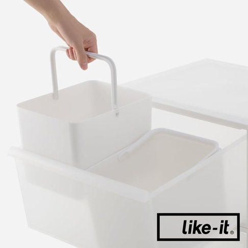 like-it 品牌的手提式居家萬用分隔收納盒，展示一個白色的收納盒被手拿起，下方還有一個較大的收納筐。
