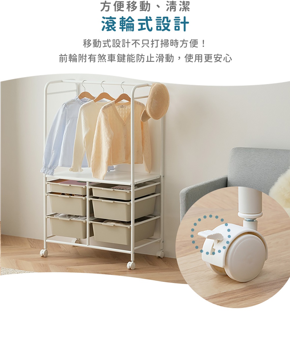圖片文字：方便移動、清潔，滾輪式設計，移動式設計不只打掃時方便，前輪附有煞車鍵能防止滑動，使用更安心。產品展示了燕麥色的IRIS OHYAMA兒童收納衣架，上方為掛衣桿並掛有衣物與帽子，下方設有六個收納抽屜，並在特寫鏡頭中展示了帶有煞車功能的白色腳輪設計。