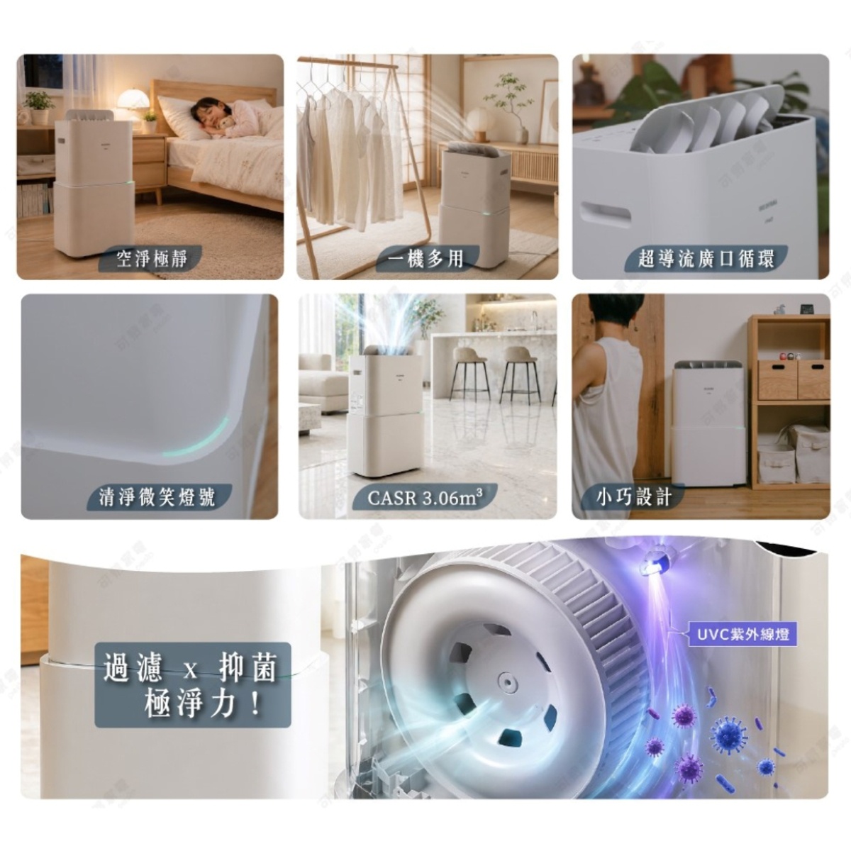 圖片文字：空淨極靜，一機多用，超導流廣口循環，清淨微笑燈號，CASR 3.06m3，小巧設計，過濾 x 抑菌極淨力，UVC紫外線燈。