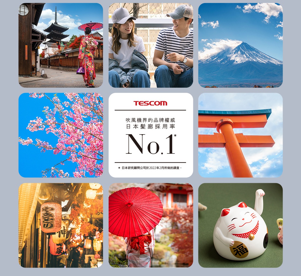 圖片文字：TESCOM 吹風機界的品牌權威 日本髮廊採用率 No.1 *日本研究顧問公司於2022年2月所做的調查。